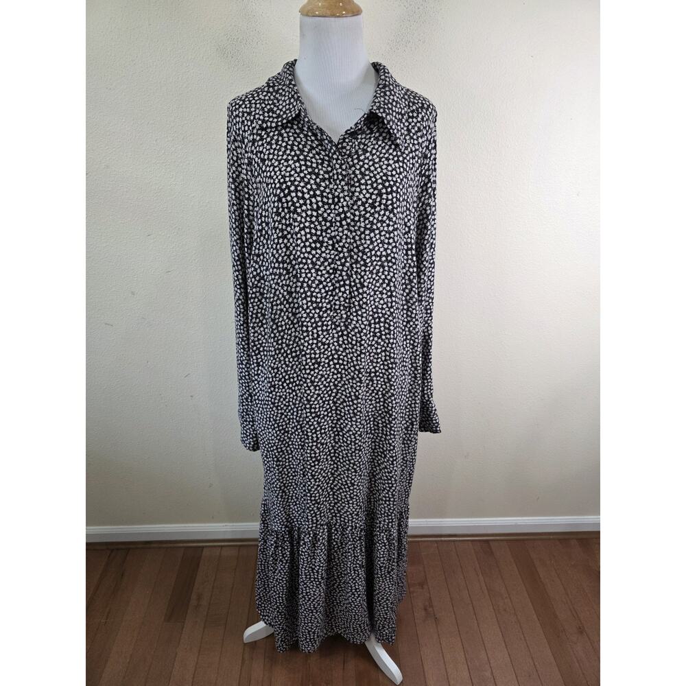 H&M Women's Black Daisy Ditsy Long Sleeve Midi Dress Prairie Size XL